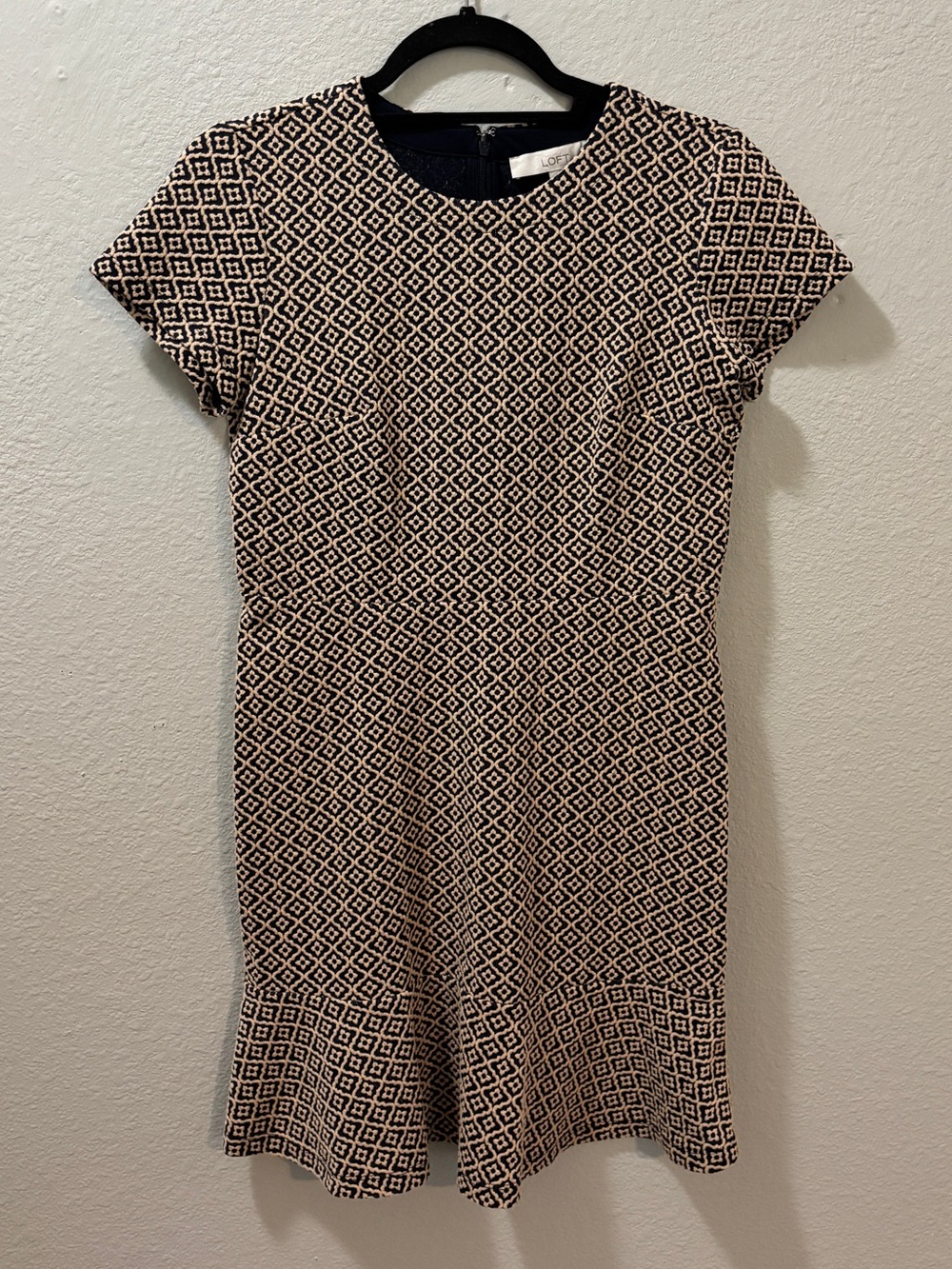 LOFT Geometric Print Fit & Flare Dress Navy Tan Size 2 Petite